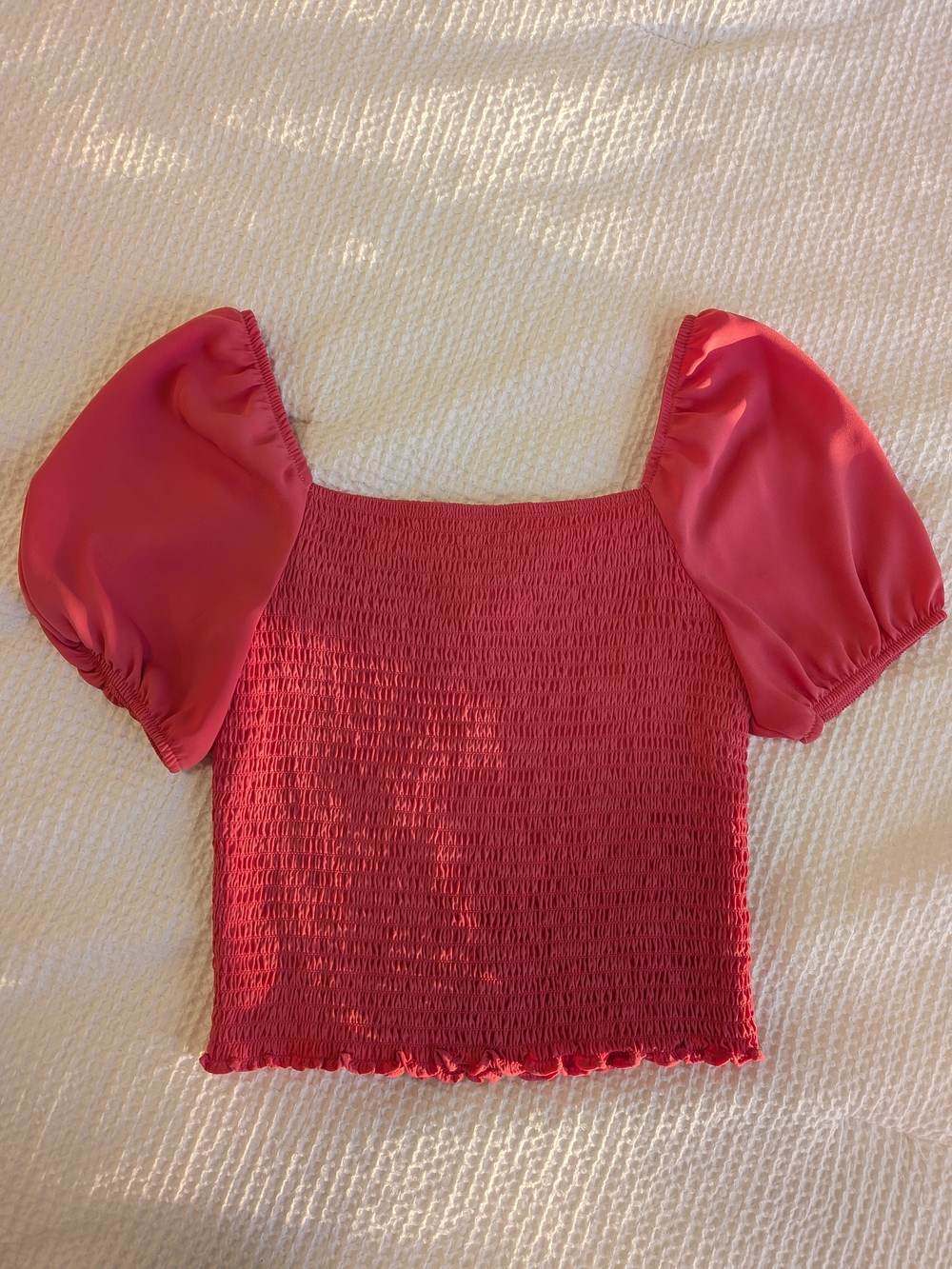 Pink Smocked Puff-Sleeve Crop Top